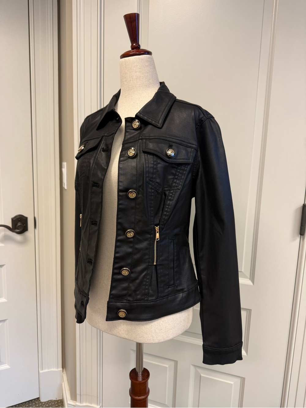 WHBM Black Coated Denim Jacket with Gold Accents, Size S
